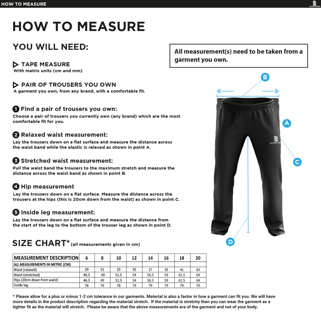 Clackmannanshire CCC - Ripstop Track Pant - Women's - Size Guide