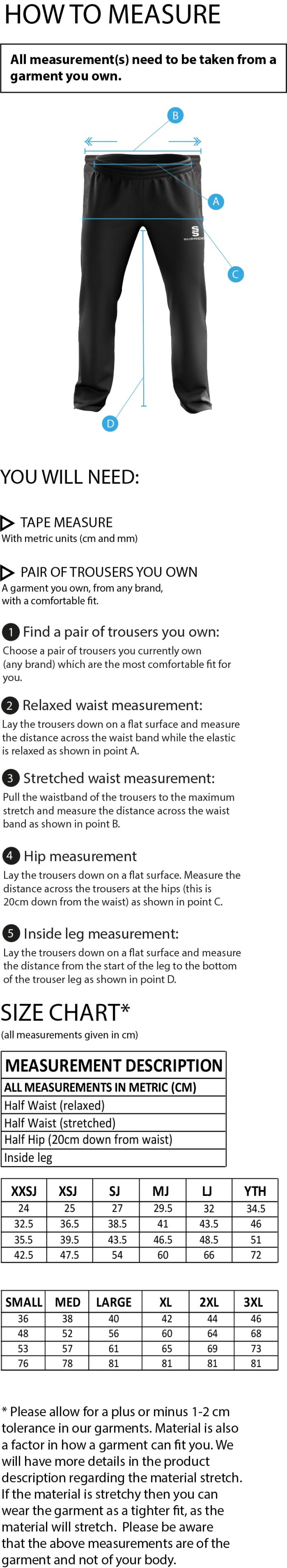 Clackmannanshire CCC - Dual Poplin Track Pant - Size Guide
