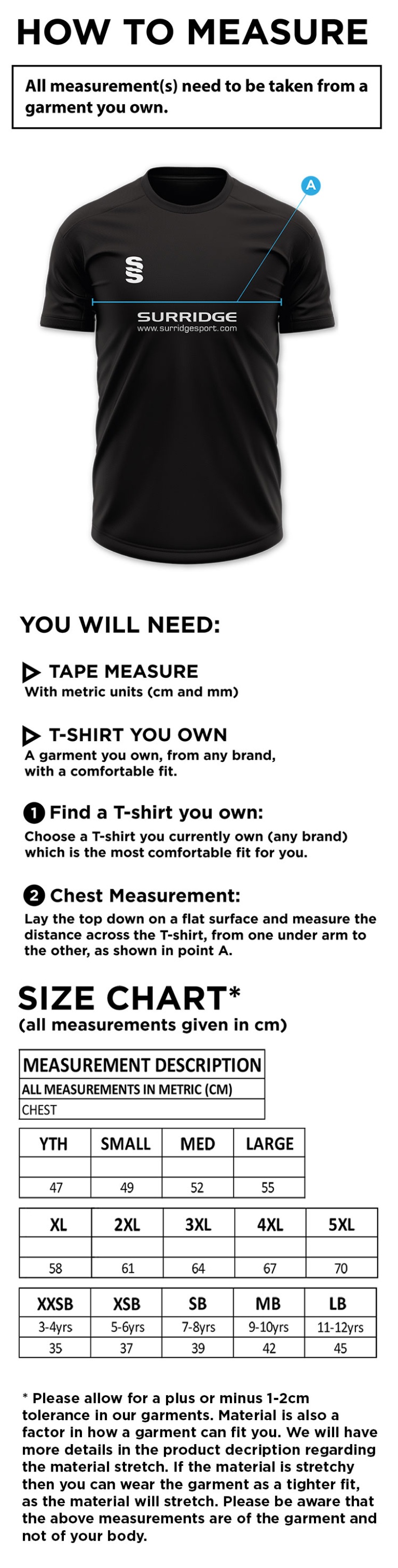 Clackmannanshire CCC - Blade Training Shirt - Size Guide