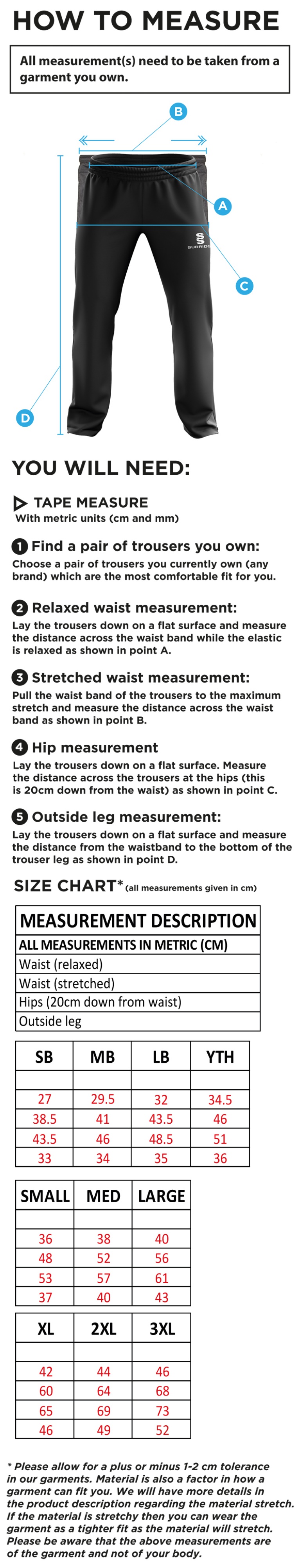 Clackmannanshire CCC - Rip Stop Track Pant - Men's - Size Guide