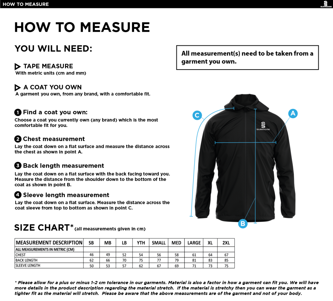 Clackmannanshire CCC - Dual Elite 1/4 Zip Hoody / Rain Jacket - Size Guide