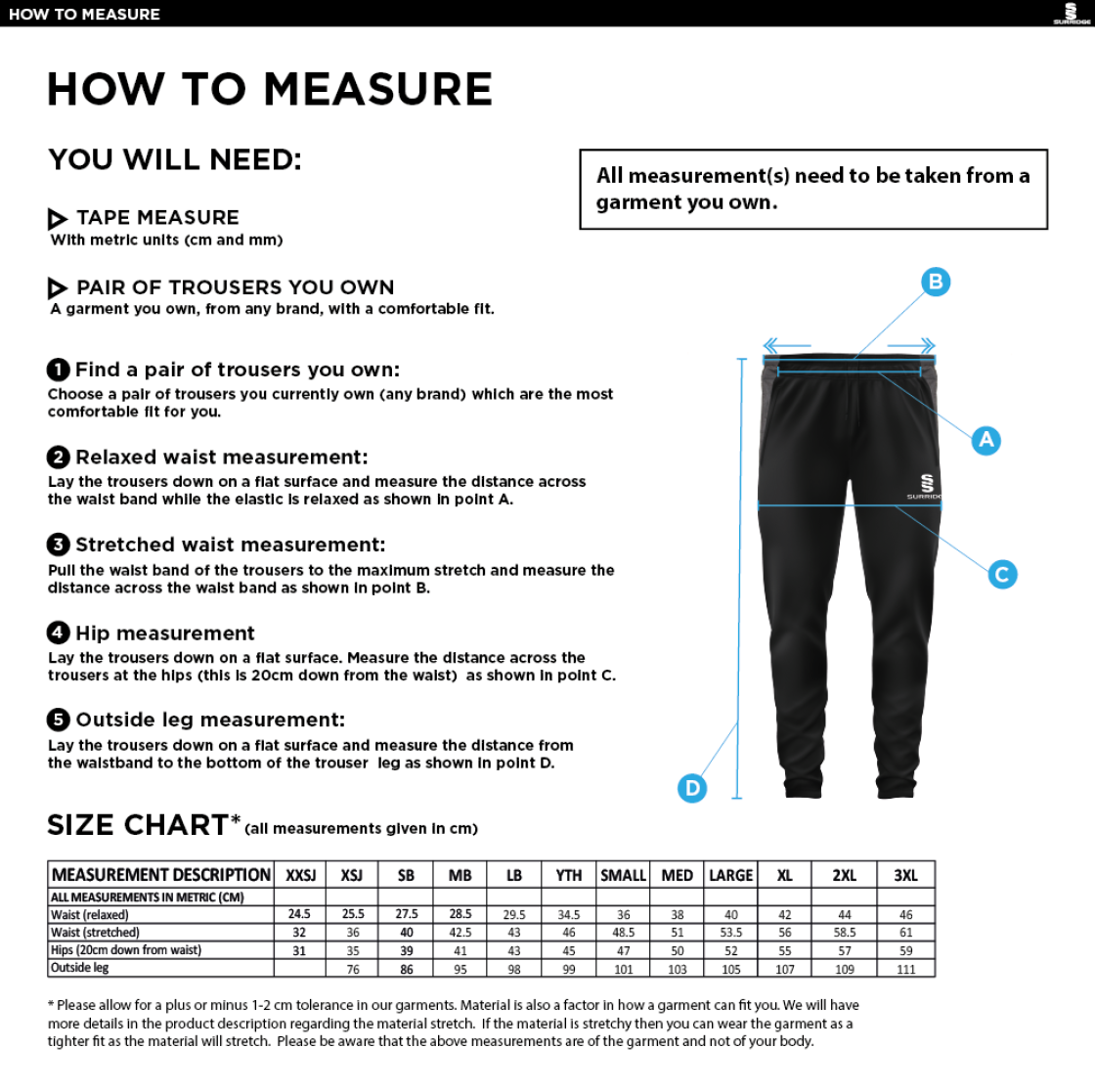 Clackmannanshire CCC - Tek Slim Training Pants - Size Guide