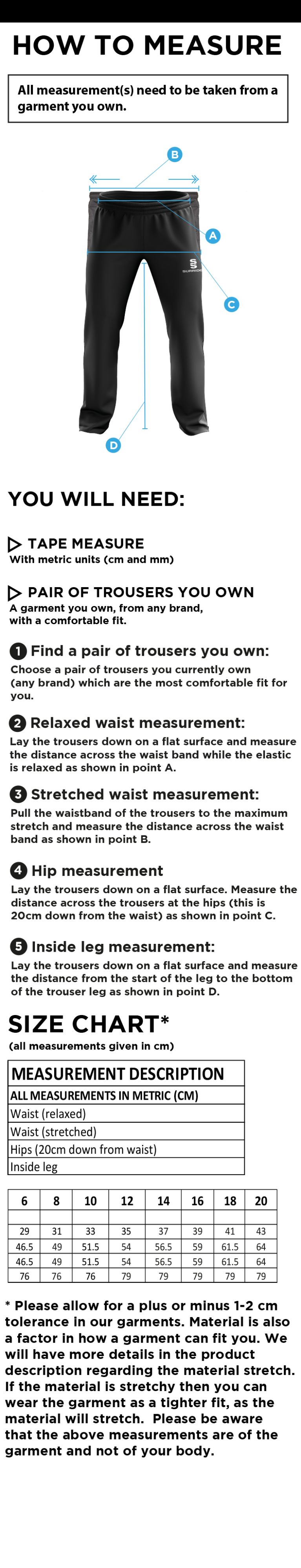 Clackmannanshire CCC - Ripstop Track Pant - Women's - Size Guide