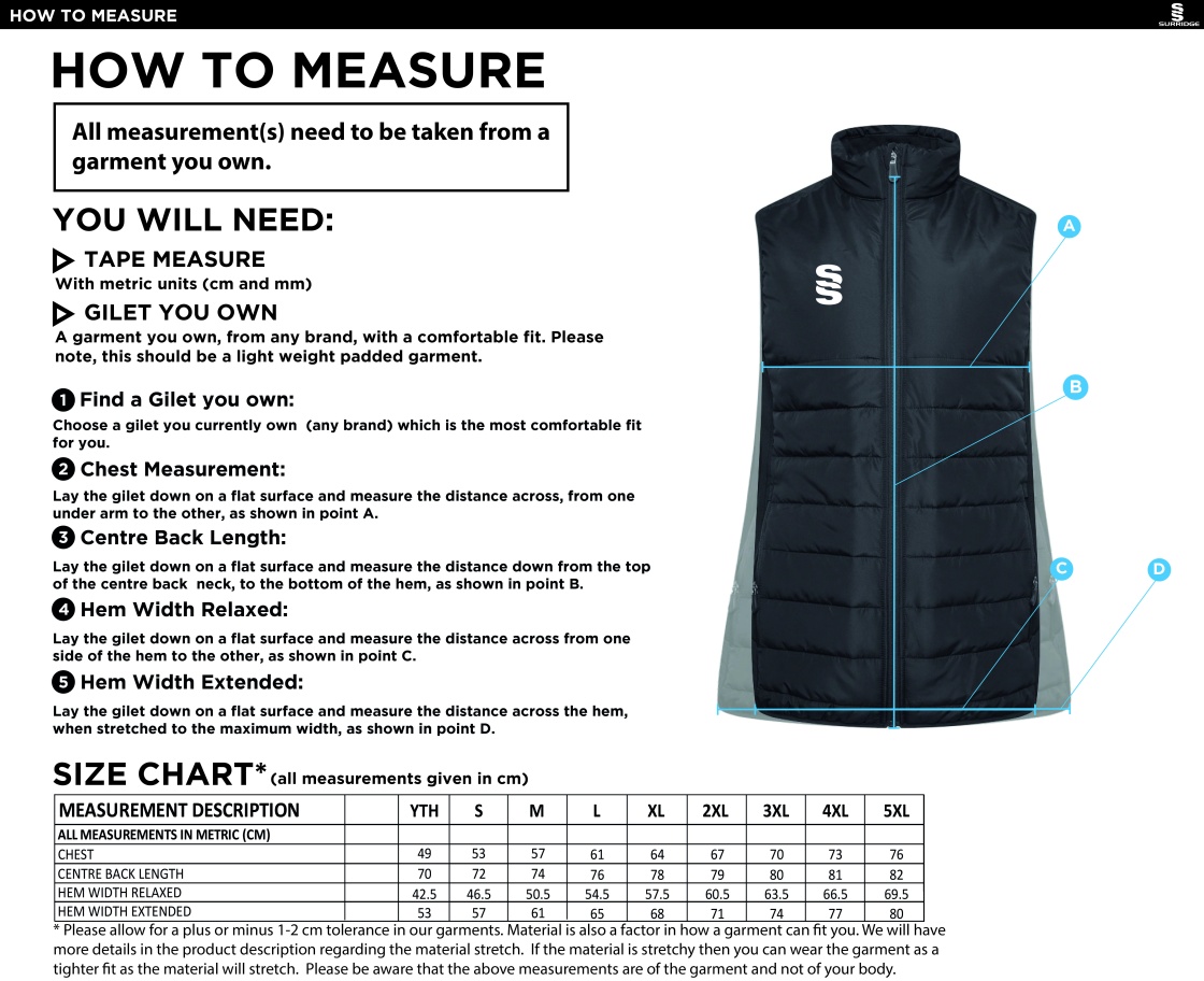 Clackmannanshire CCC - Padded Bodywarmer - Size Guide
