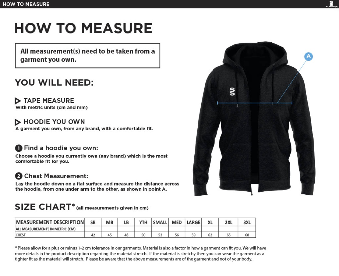 Clackmannanshire CCC - Dual Full Zip Hoody - Size Guide