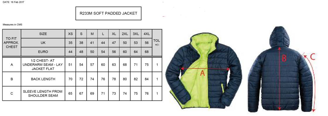 Clackmannanshire CCC - Supersoft Padded Jacket - Size Guide
