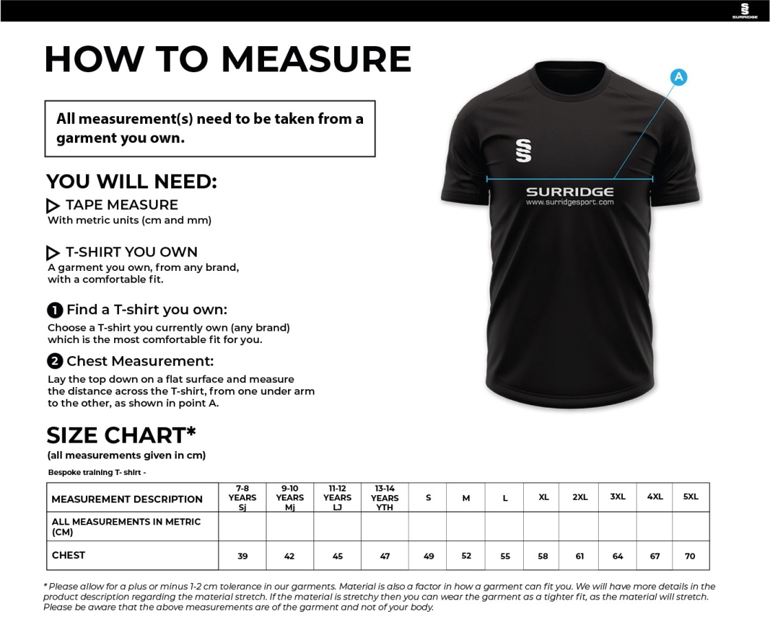Clackmannanshire CCC - Impact T-Shirt - Size Guide