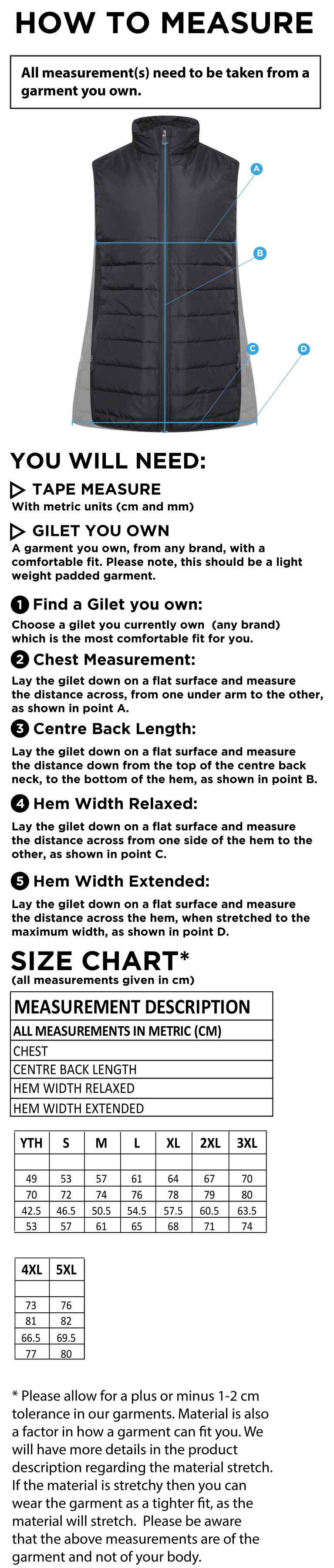 Clackmannanshire CCC - Padded Bodywarmer - Size Guide