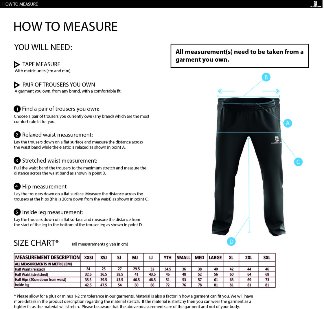 Clackmannanshire CCC - Dual Poplin Track Pant - Size Guide