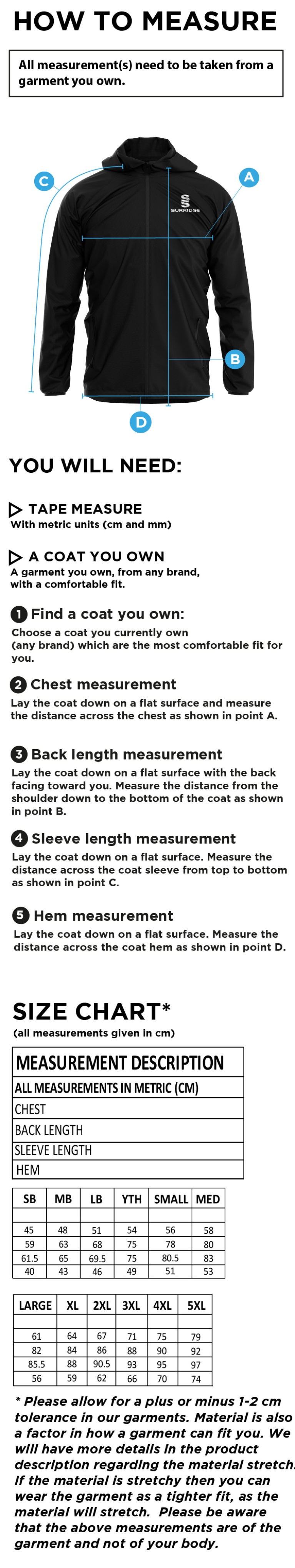 Clackmannanshire CCC - Dual Full Zip Training Jacket - Size Guide