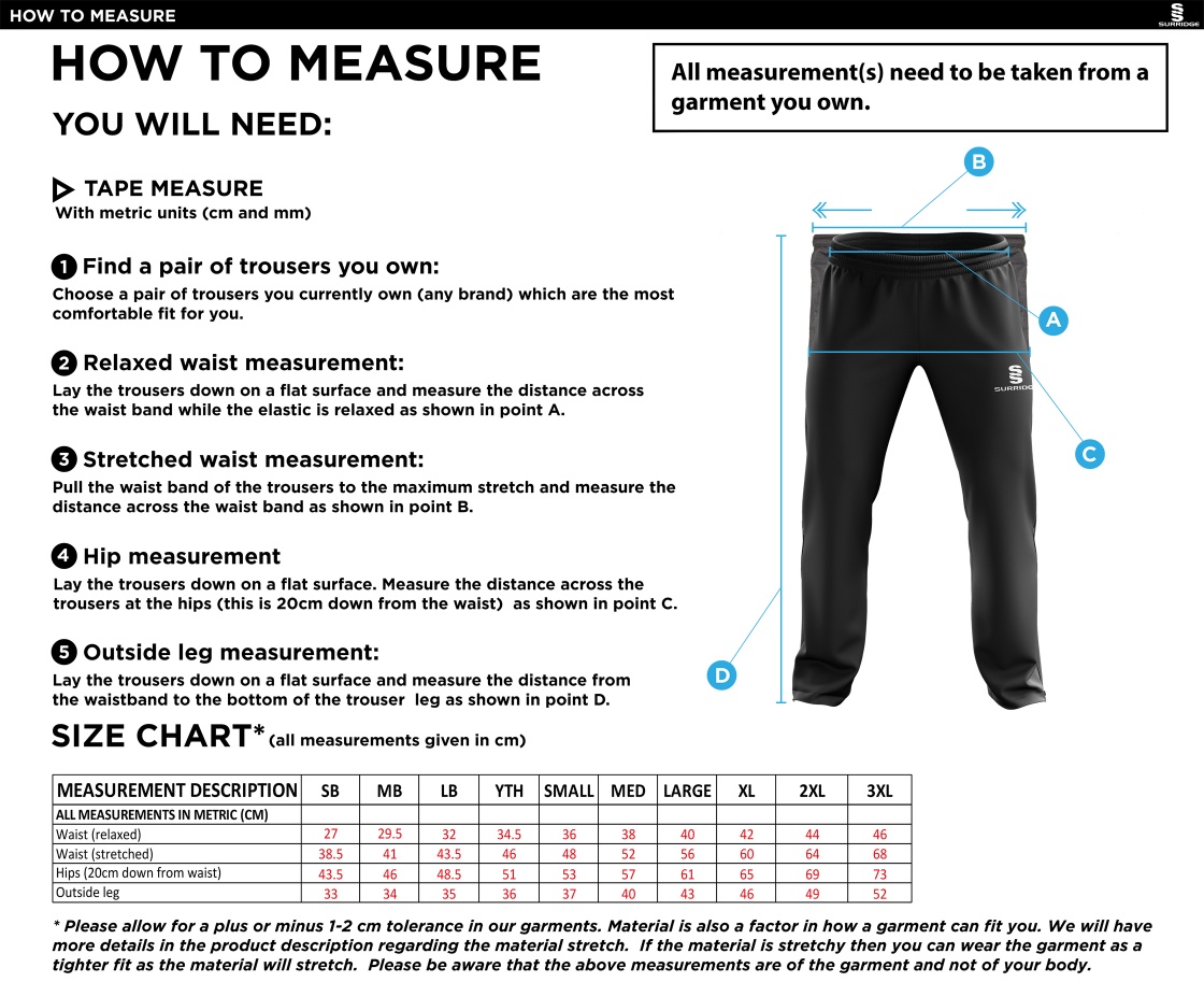 Clackmannanshire CCC - Rip Stop Track Pant - Men's - Size Guide