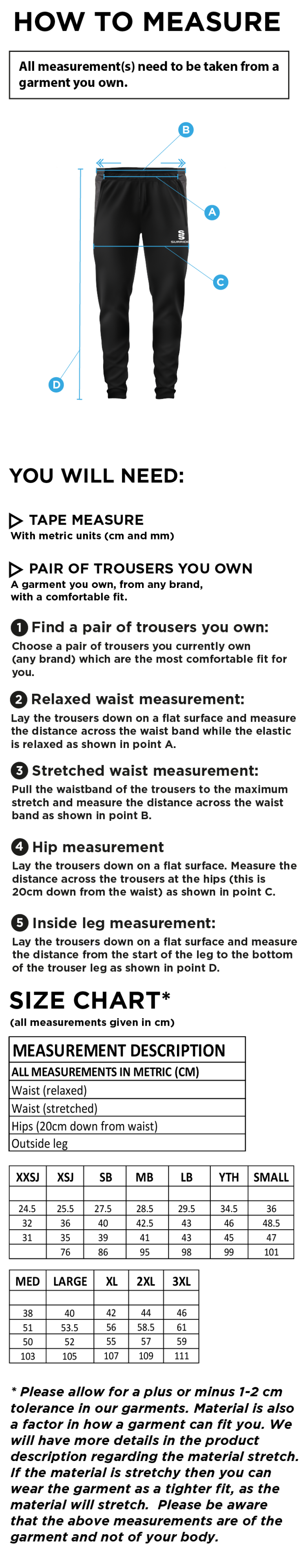Clackmannanshire CCC - Tek Slim Training Pants - Size Guide