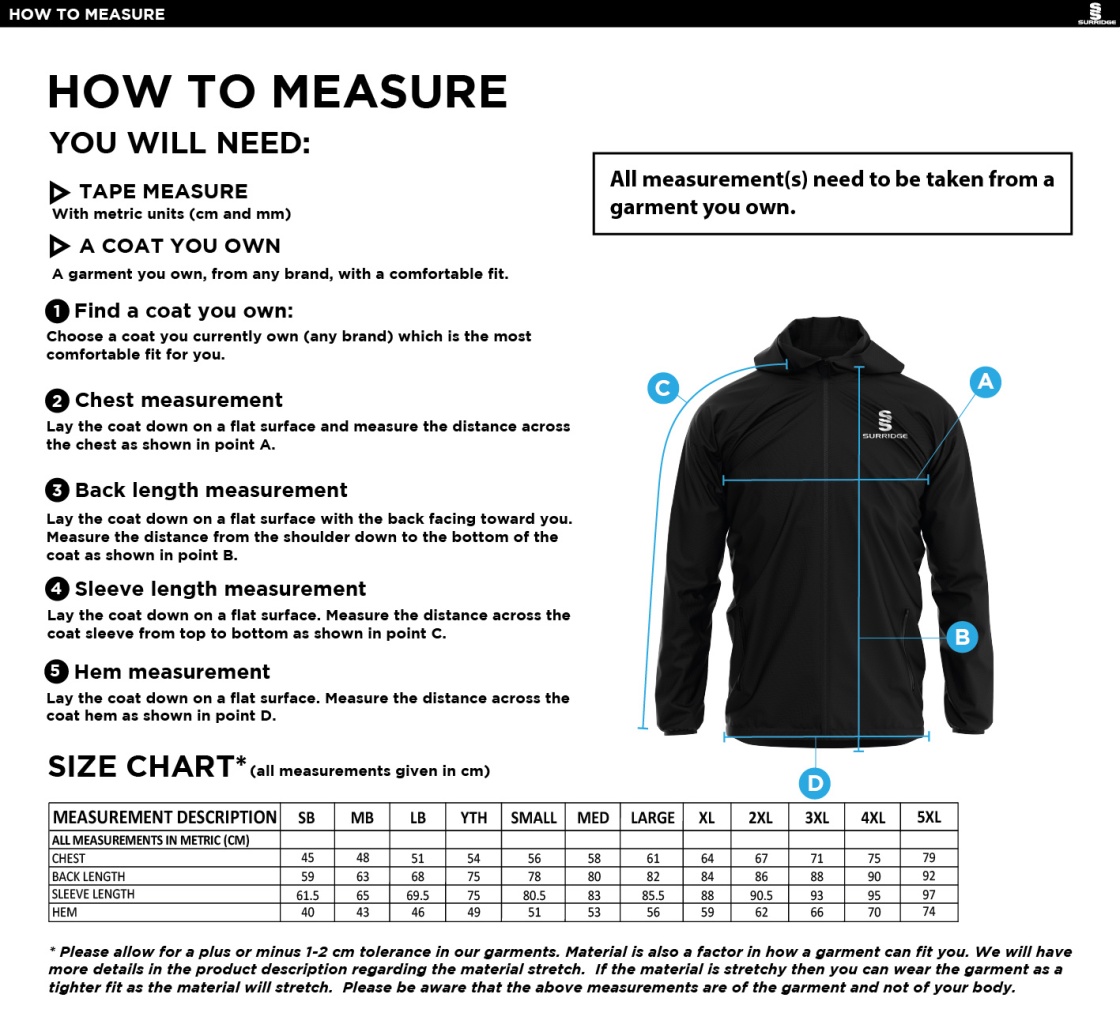 Clackmannanshire CCC - Dual Full Zip Training Jacket - Size Guide