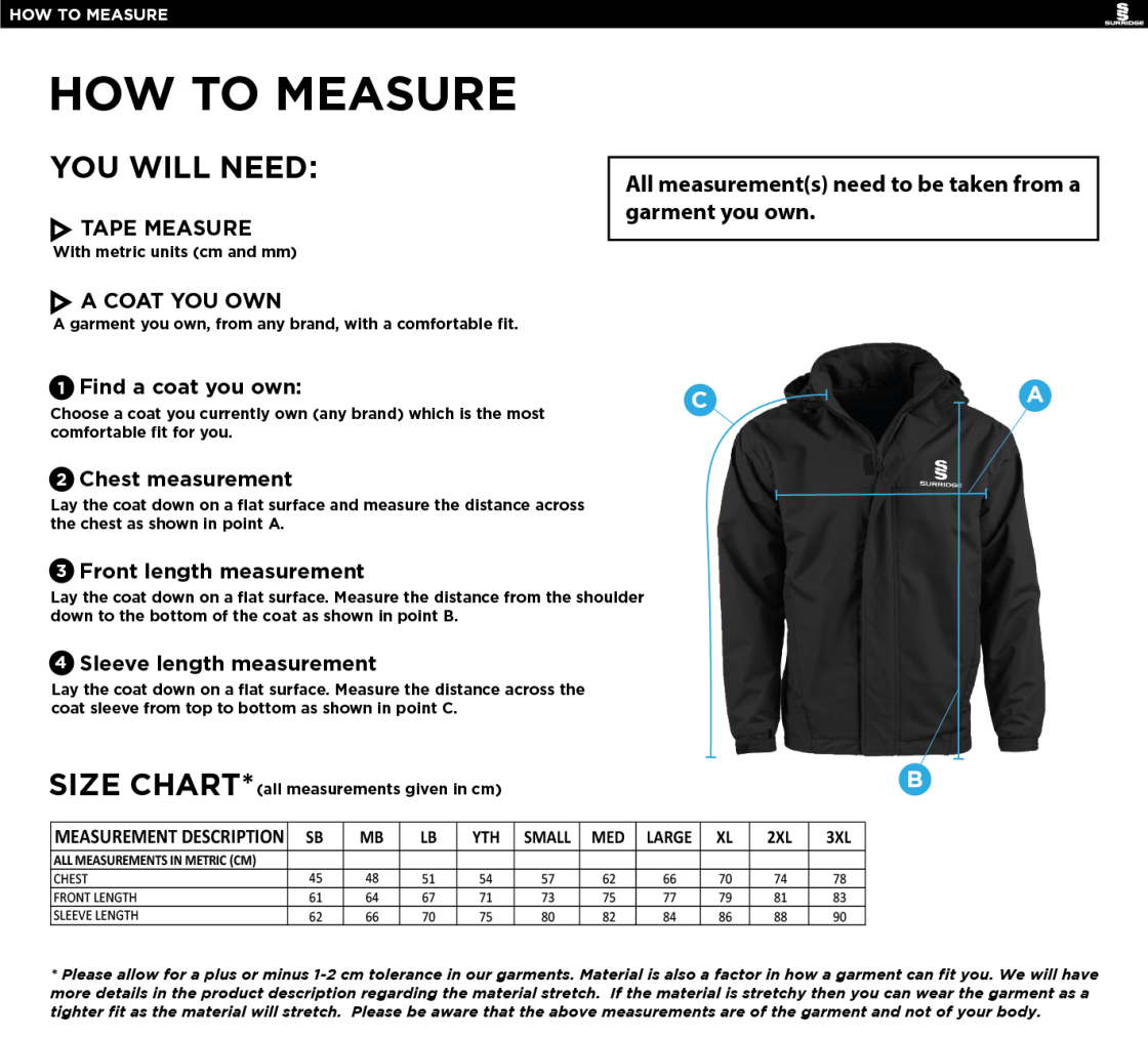 Clackmannanshire CCC - Dual Fleece Lined Jacket - Size Guide