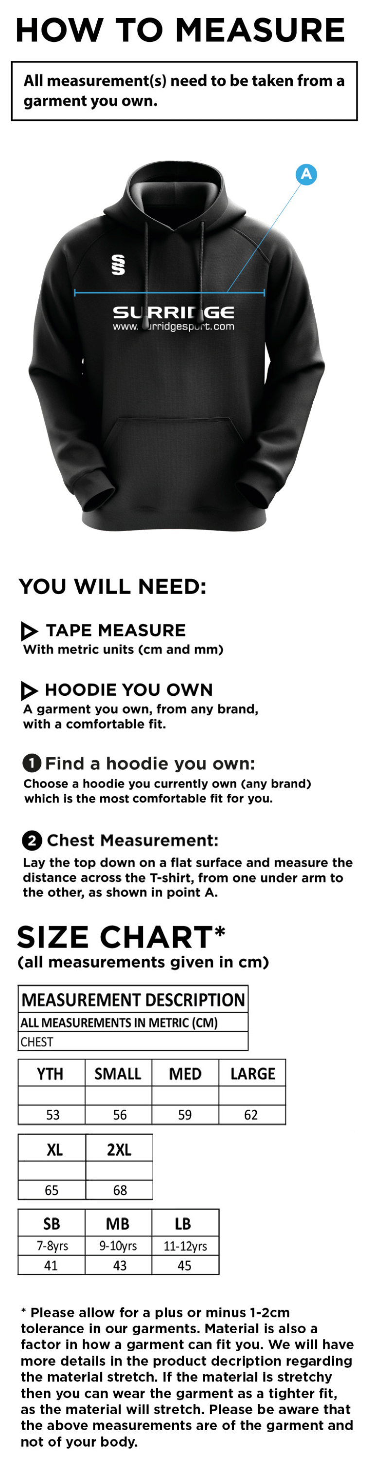 Clackmannanshire CCC - Blade Hoody - Size Guide
