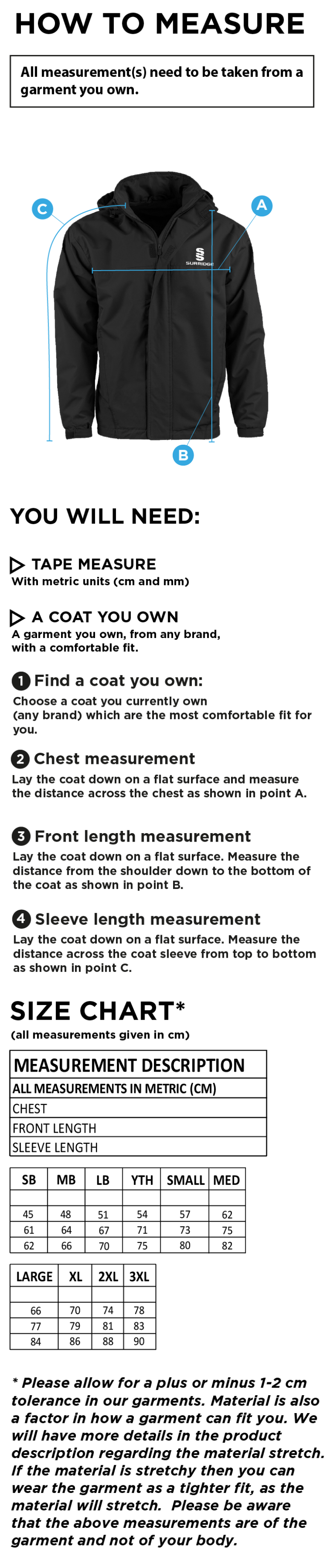 Clackmannanshire CCC - Dual Fleece Lined Jacket - Size Guide